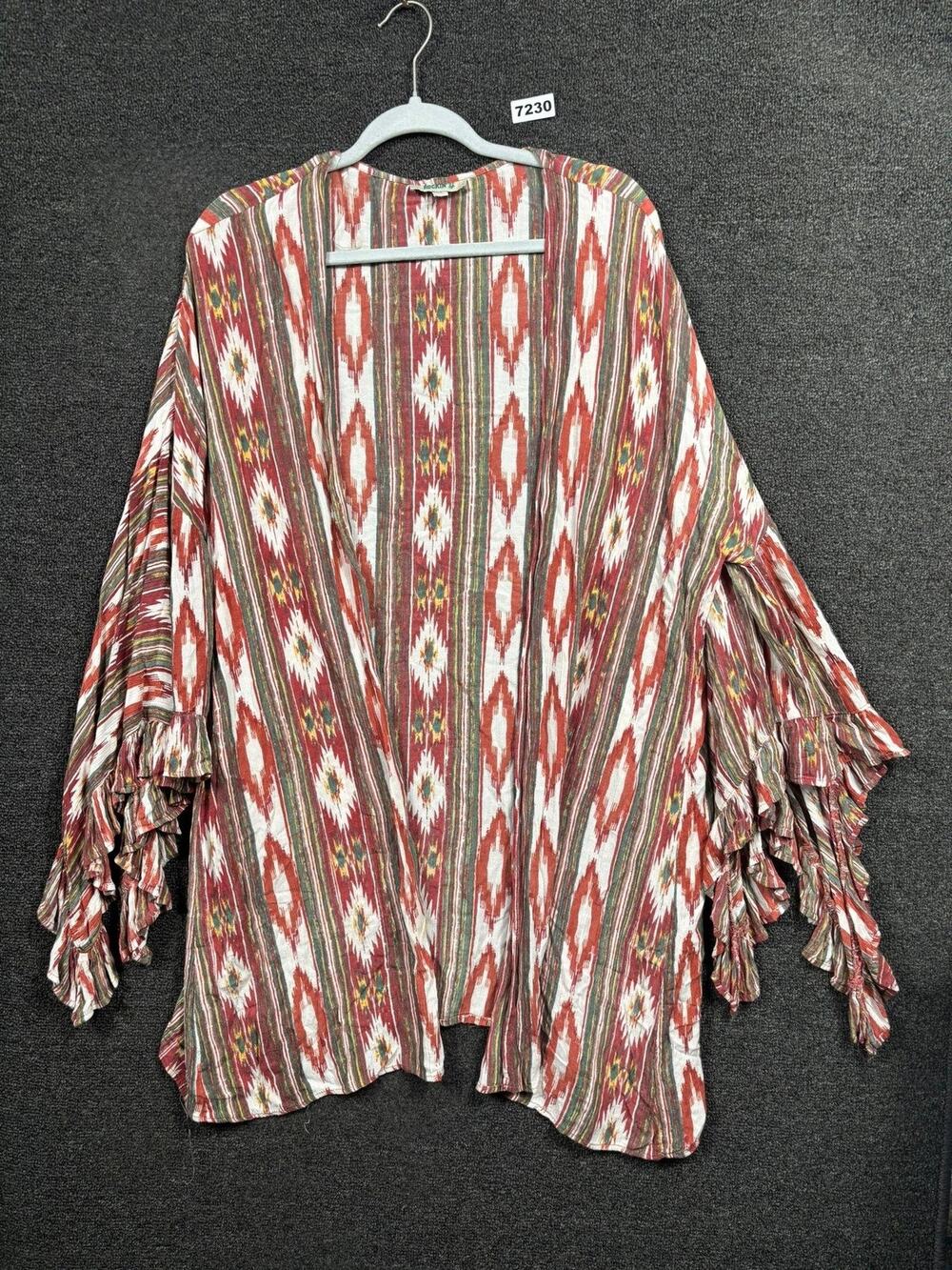 Rockin G Kimono Cardigan Womens Medium Red Ikat Print Ruffle Sleeve Boho Rayon